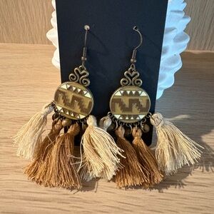 Elegant Gold and Brown Tassel Earrings with Intricate Design